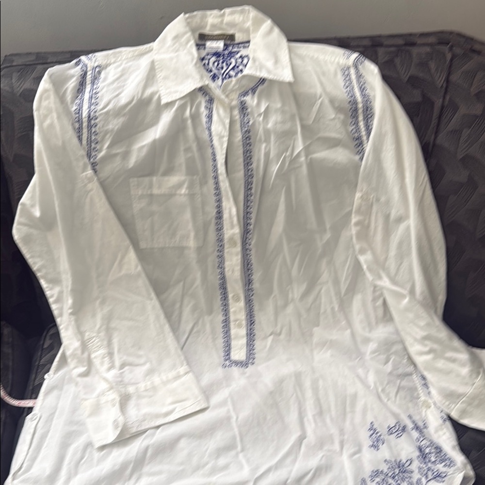 Elegant Subtle Luxury White Blue Embroidered Shirt resort lounge